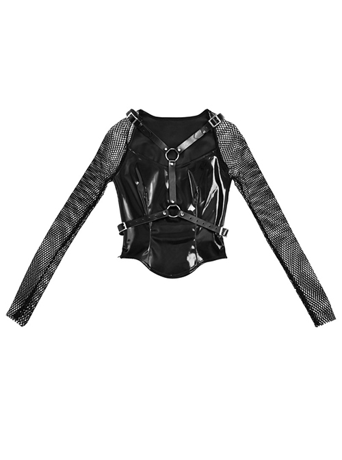 Punk Style Simple PU Stitching Fishnet Sleeves Adjustable Buckle PU Wing Shoulder Strap Slim Long Sleeve Top