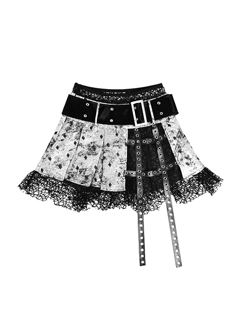 Punk Style Irregular Fishnet Stitching Silver Jacquard Pleated Miniskirt