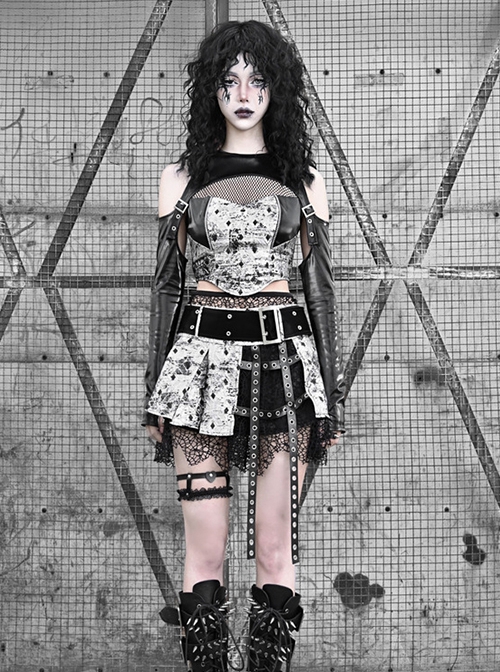 Punk Style Irregular Fishnet Stitching Silver Jacquard Pleated Miniskirt