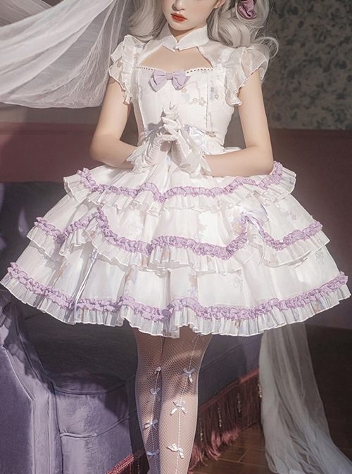 Glass Heart Series Stand Collar Hollow Print Cute Girly Lace-Up Sweet Lolita Sleeveless Dress