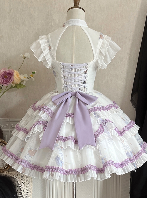 Glass Heart Series Stand Collar Hollow Print Cute Girly Lace-Up Sweet Lolita Sleeveless Dress