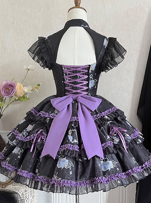 Glass Heart Series Stand Collar Hollow Print Cute Girly Lace-Up Sweet Lolita Sleeveless Dress