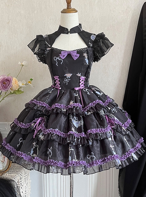 Glass Heart Series Stand Collar Hollow Print Cute Girly Lace-Up Sweet Lolita Sleeveless Dress