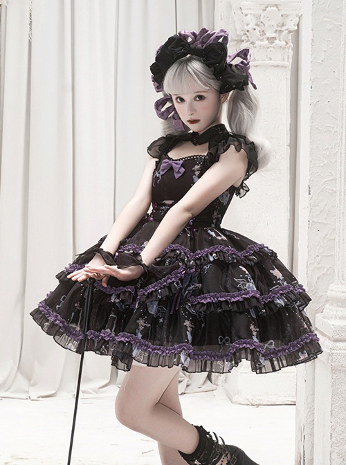 Glass Heart Series Stand Collar Hollow Print Cute Girly Lace-Up Sweet Lolita Sleeveless Dress