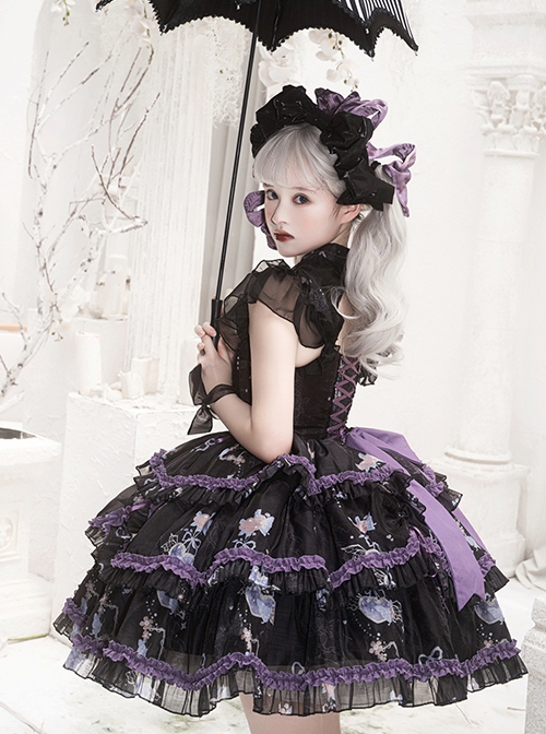 Glass Heart Series Stand Collar Hollow Print Cute Girly Lace-Up Sweet Lolita Sleeveless Dress