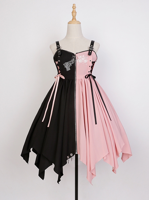 Guns N' Roses Series Black Pink Contrast Color Stitching Guns N' Roses Embroidery Irregular Hem Punk Lolita Sleeveless Dress