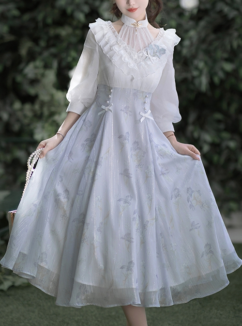 Iris Print Spring Daily Elegant Lantern Sleeve Mid-Sleeve Classic Lolita Dress