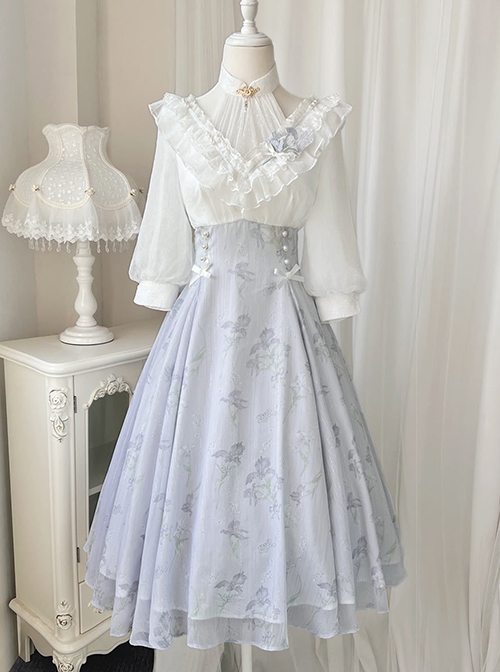 Iris Print Spring Daily Elegant Lantern Sleeve Mid-Sleeve Classic Lolita Dress