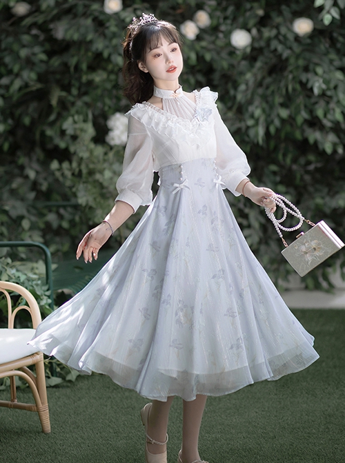 Iris Print Spring Daily Elegant Lantern Sleeve Mid-Sleeve Classic Lolita Dress