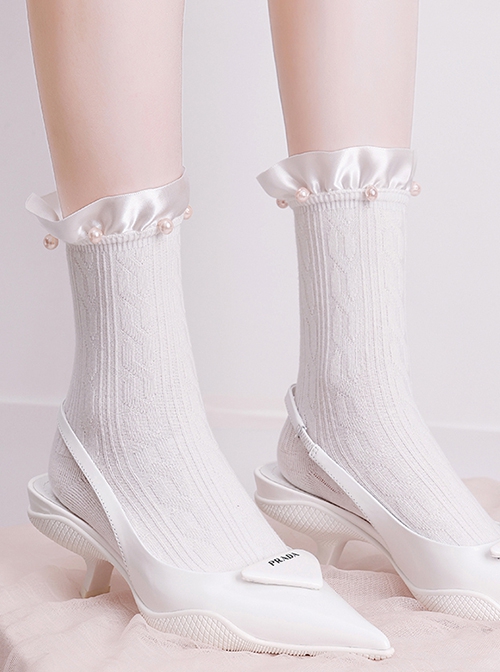 College Style JK Sweet Lolita Mary Jane Ribbon Pearl Decoration Summer White Socks