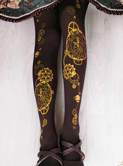 Astrology Clock Series High Stretch Velvet Clock Gear Foil Stamping Print Classic Lolita Pantyhose