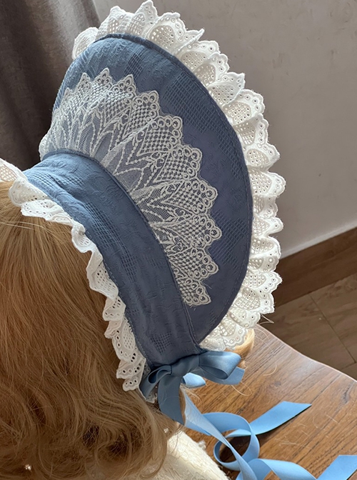 Blue Bowknot Decoration White Lace Jacquard Lacing Classic Lolita Headband