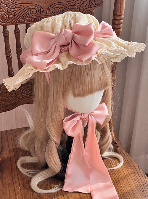 Antique Doll Wall Series Handmade Jacquard Lace Pink Ribbon Sweet Lolita Hat