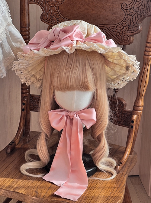 Antique Doll Wall Series Handmade Jacquard Lace Pink Ribbon Sweet Lolita Hat