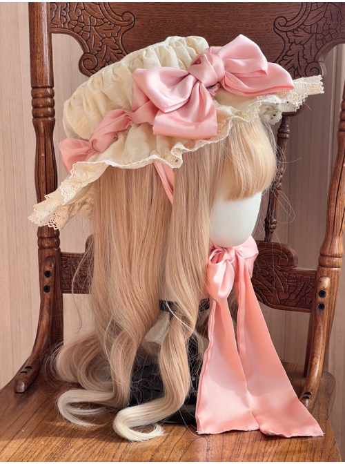 Antique Doll Wall Series Handmade Jacquard Lace Pink Ribbon Sweet Lolita Hat