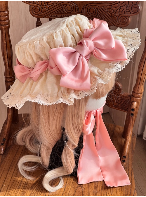 Antique Doll Wall Series Handmade Jacquard Lace Pink Ribbon Sweet Lolita Hat