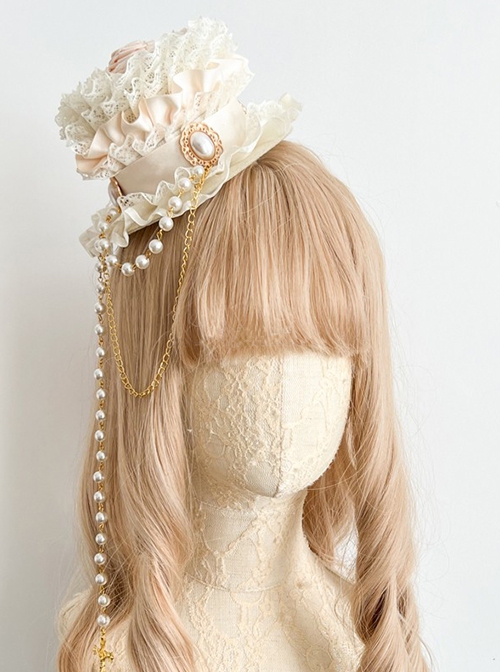 Vintage Lace Bead Chain Cross Decorated Rose Classic Lolita Small Top Hat