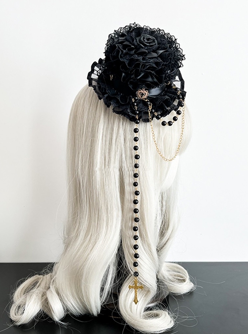 Vintage Lace Bead Chain Cross Decorated Rose Classic Lolita Small Top Hat