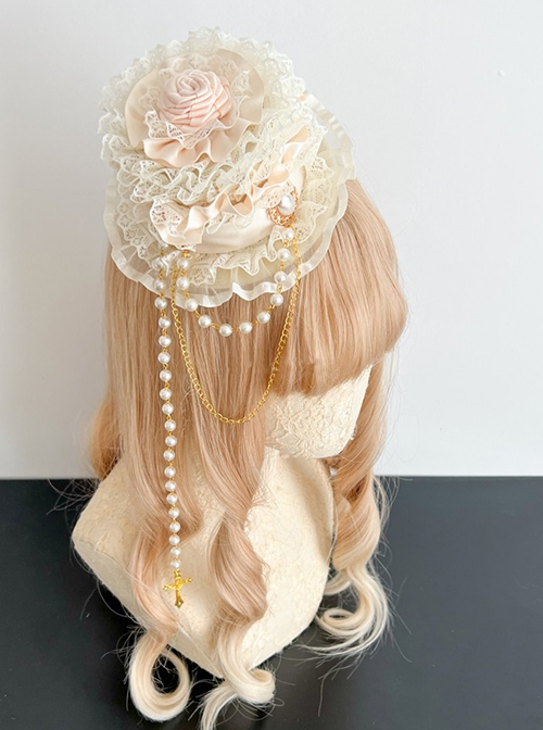 Vintage Lace Bead Chain Cross Decorated Rose Classic Lolita Small Top Hat