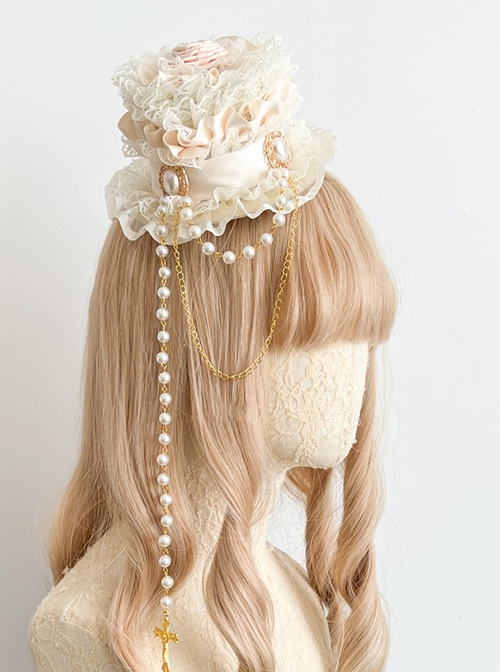 Vintage Lace Bead Chain Cross Decorated Rose Classic Lolita Small Top Hat