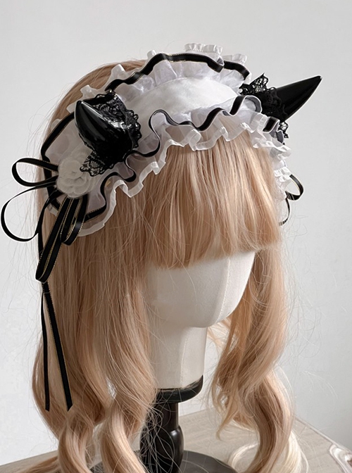 Rotating Tiger Tiger Black-White Series Black Devil Horn Lace Maid Dress Gothic Lolita Headband