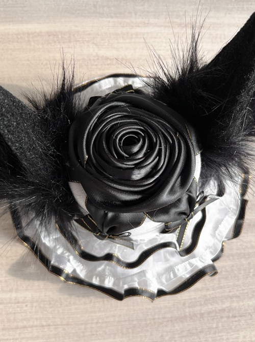 Rotating Tiger Tiger Black-White Series Plush Black Rabbit Ear Rose Ruffle Gothic Lolita Small Top Hat