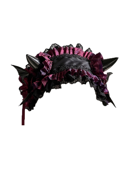 Dark Lace Ruffle Devil Horns Bat Wings Halloween Gothic Lolita Headband