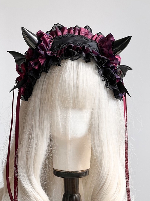Dark Lace Ruffle Devil Horns Bat Wings Halloween Gothic Lolita Headband