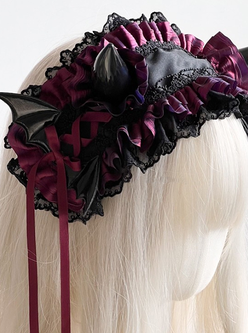 Dark Lace Ruffle Devil Horns Bat Wings Halloween Gothic Lolita Headband