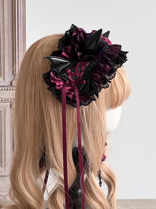 Dark Lace Ruffle Devil Horns Bat Wings Halloween Gothic Lolita Headband