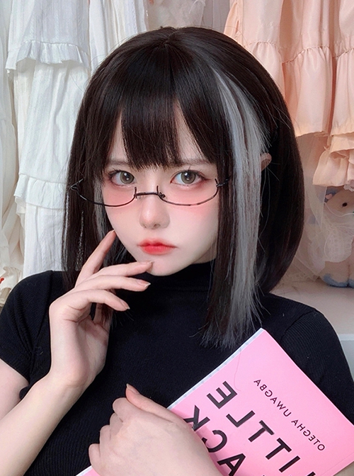 Black Brown Mixed Silver Cute BOBO Head Hanging Ear Dyeing Short Straight Hair Classic Lolita Wig