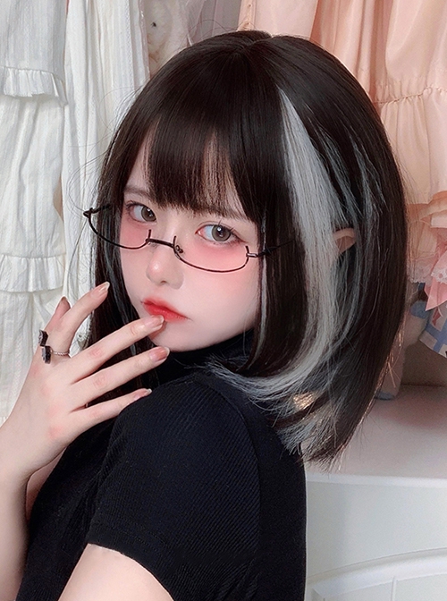 Black Brown Mixed Silver Cute BOBO Head Hanging Ear Dyeing Short Straight Hair Classic Lolita Wig