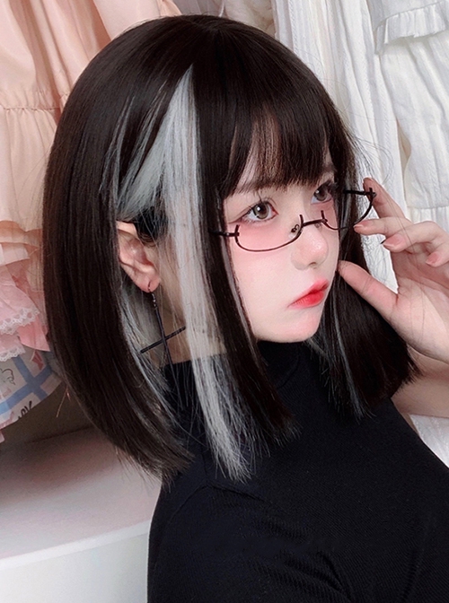 Black Brown Mixed Silver Cute BOBO Head Hanging Ear Dyeing Short Straight Hair Classic Lolita Wig