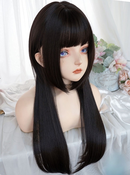 Brown Natural Air Bangs Jellyfish Head Cute Long Straight Hair Classic Lolita Wig