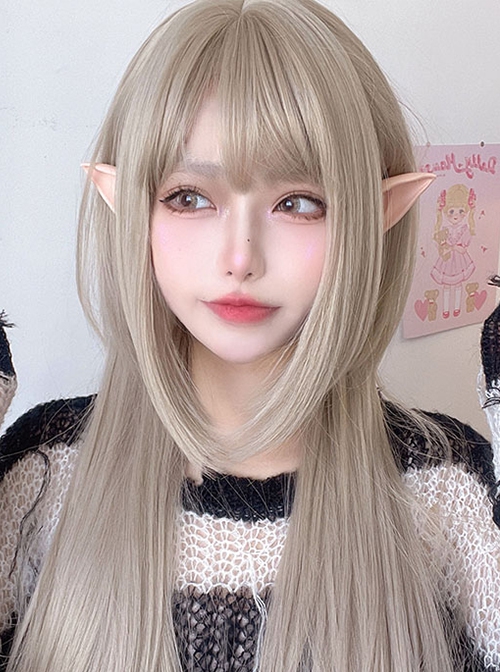 Gray Golden Air Bangs Long Straight Hair Cute Jellyfish Head Daily Classic Lolita Wig