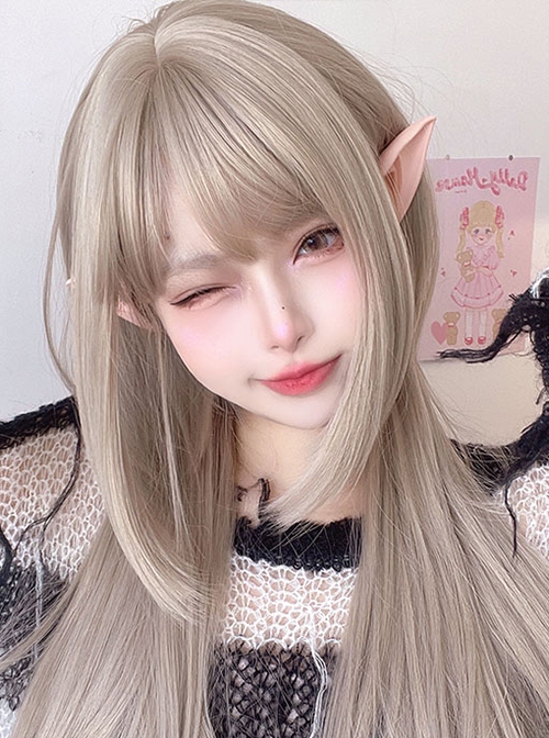 Gray Golden Air Bangs Long Straight Hair Cute Jellyfish Head Daily Classic Lolita Wig