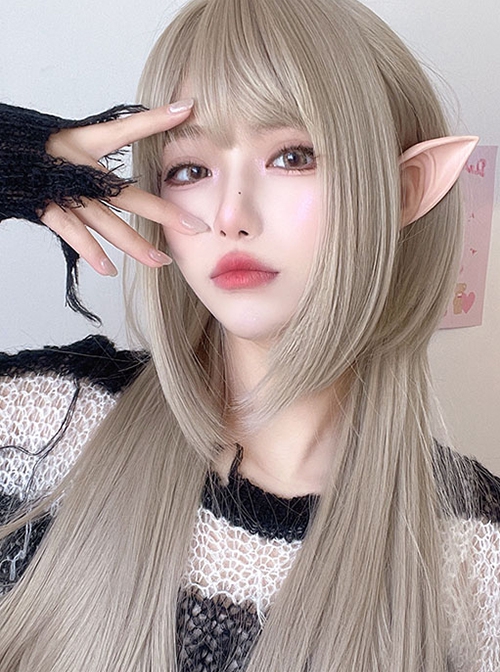 Gray Golden Air Bangs Long Straight Hair Cute Jellyfish Head Daily Classic Lolita Wig