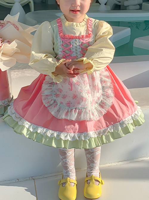 Spring Cute Maid Apron Floral Lace Lantern Sleeves Sweet Lolita Kids Long Sleeve Dress