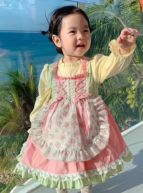 Spring Cute Maid Apron Floral Lace Lantern Sleeves Sweet Lolita Kids Long Sleeve Dress