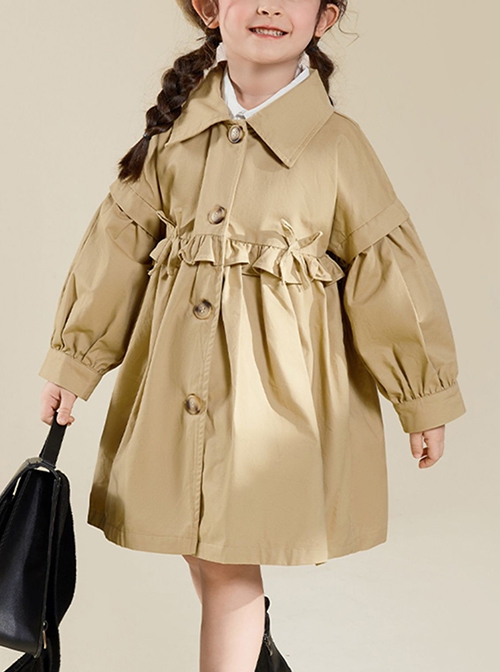 Pure Cotton Lapel Ruffled Stitching Lantern Sleeve Retro Gradient Button School Lolita Kids Long-Sleeved Coat