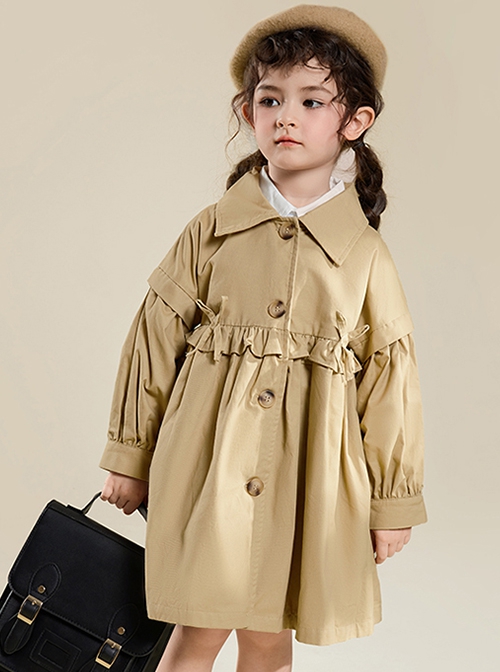 Pure Cotton Lapel Ruffled Stitching Lantern Sleeve Retro Gradient Button School Lolita Kids Long-Sleeved Coat