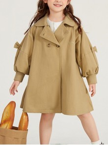 Spring Autumn Mid-Length British Style Khaki Sweet Bowknot Lantern Sleeves Loose Casual School Lolita Kids Long-Sleeved Coat