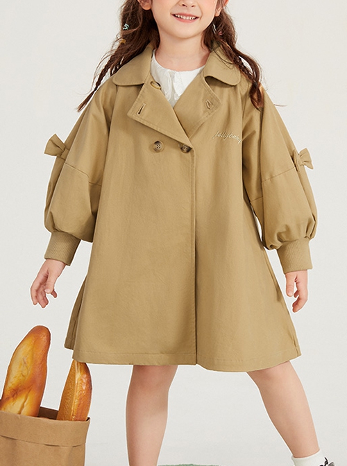 Spring Autumn Mid-Length British Style Khaki Sweet Bowknot Lantern Sleeves Loose Casual School Lolita Kids Long-Sleeved Coat