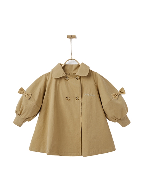 Spring Autumn Mid-Length British Style Khaki Sweet Bowknot Lantern Sleeves Loose Casual School Lolita Kids Long-Sleeved Coat