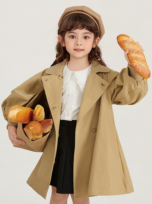 Spring Autumn Mid-Length British Style Khaki Sweet Bowknot Lantern Sleeves Loose Casual School Lolita Kids Long-Sleeved Coat