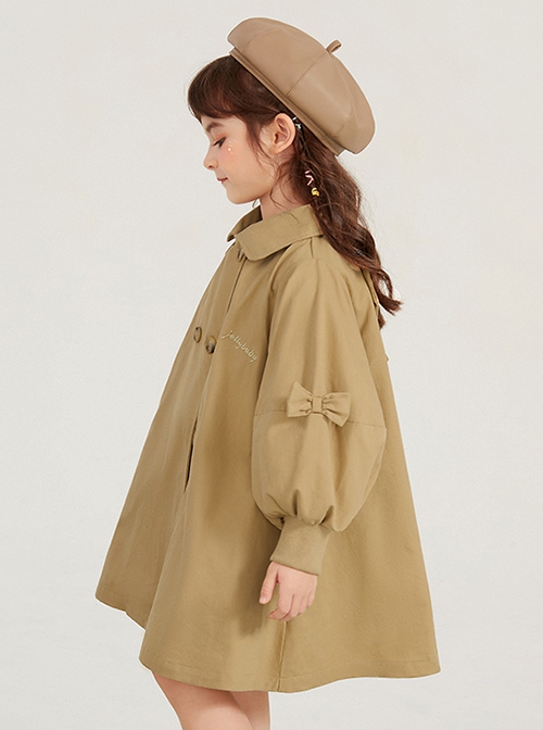 Spring Autumn Mid-Length British Style Khaki Sweet Bowknot Lantern Sleeves Loose Casual School Lolita Kids Long-Sleeved Coat