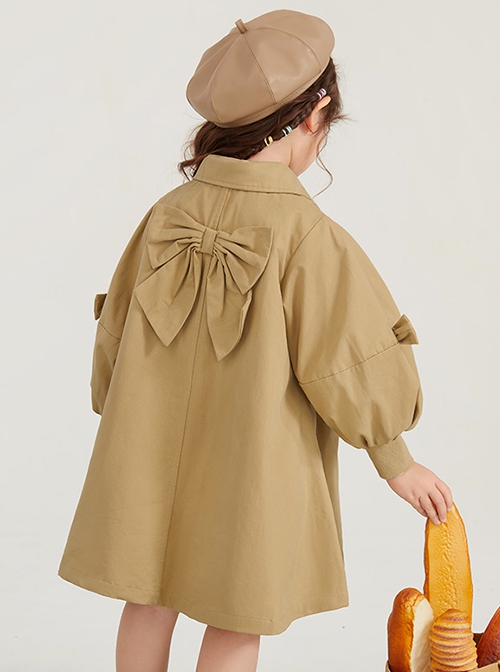 Spring Autumn Mid-Length British Style Khaki Sweet Bowknot Lantern Sleeves Loose Casual School Lolita Kids Long-Sleeved Coat