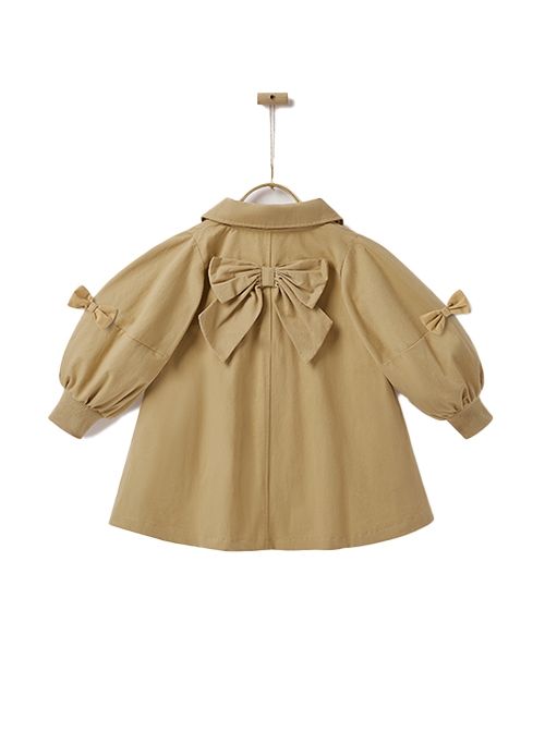 Spring Autumn Mid-Length British Style Khaki Sweet Bowknot Lantern Sleeves Loose Casual School Lolita Kids Long-Sleeved Coat