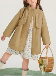 Khaki Simple Embroidery Loose All-Match Windproof Windbreaker School Lolita Kids Long-Sleeved Coat