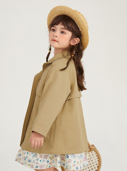 Khaki Simple Embroidery Loose All-Match Windproof Windbreaker School Lolita Kids Long-Sleeved Coat